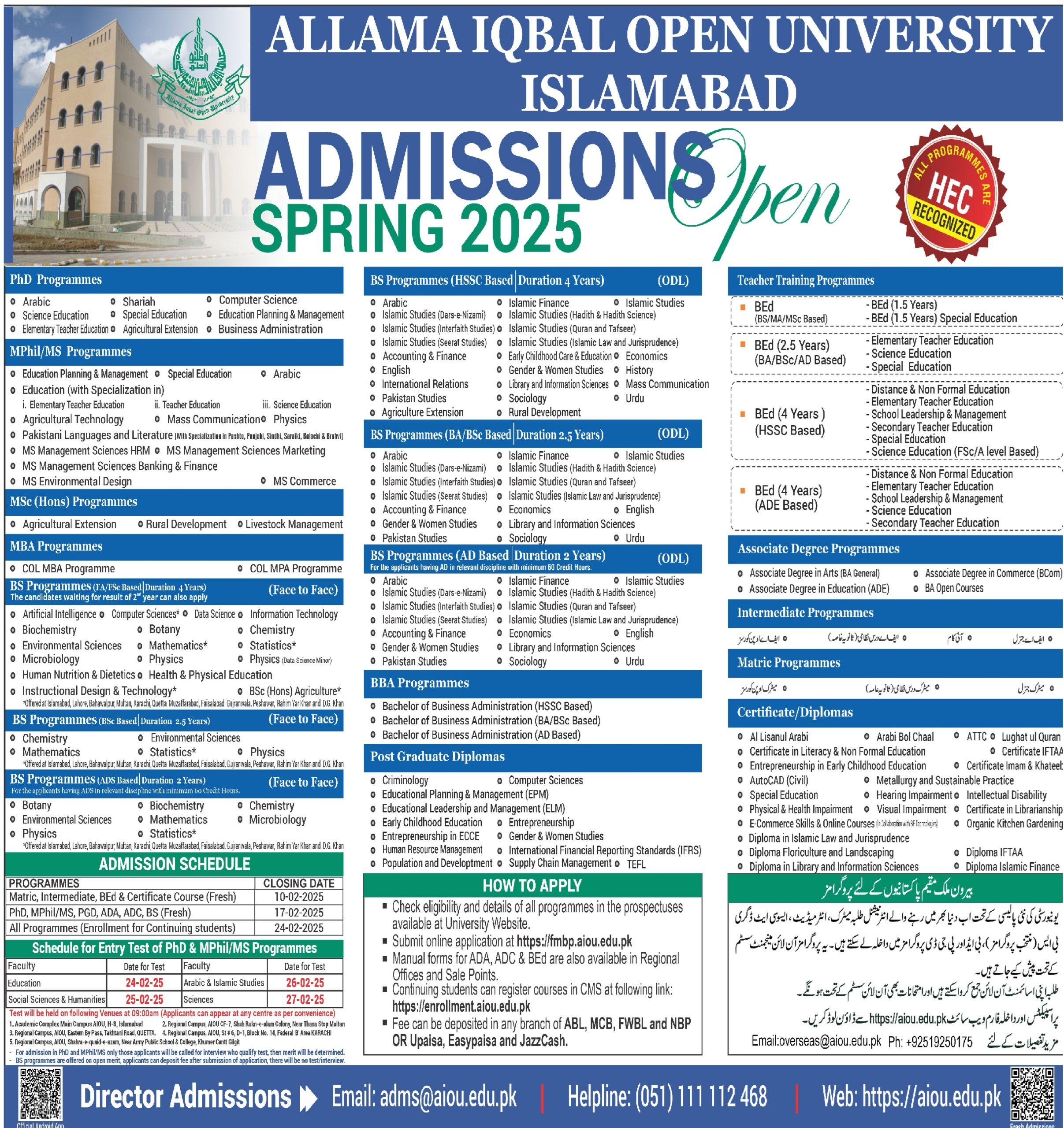 Read more about the article Allama Iqbal Open University Islamabad Pakistan- Admissions Open 2025